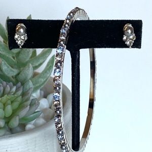 Vintage Crystal & Grey Pearl Silver Tone Bangle Bracelet with Matching Earrings